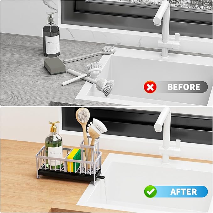 Cisily Light Gray Sponge Holder for Kitchen Sink, Sink Caddy Organizer with High Brush Holder, Kitchen Countertop Organizers and Storage Essentials, Rustproof 304 Stainless Steel, Soap Dispenser