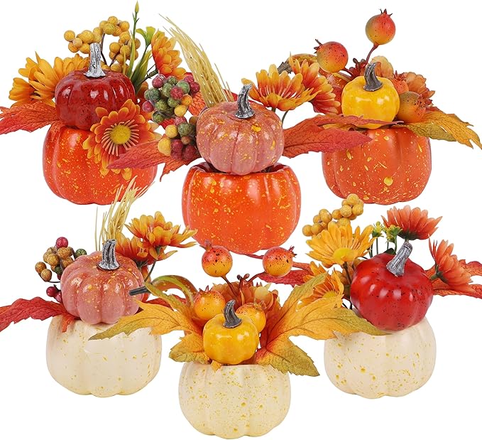 winemana Fall Decorations for Home - Set of 6 Artificial Pumpkins with Maple & Flowers, Thanksgiving Table Decor, Pumpkin Vases Centerpiece for Kitchen Office Indoor
