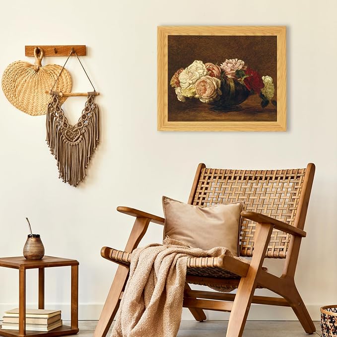 Brivoria Framed Canvas Wall Art Vintage Decor, Antique Floral Still Life Print with Roses and Warm Autumn Background for Entryway Hallway Reading Nook Office or Bathroom Classic Fall Display, 13"x16"