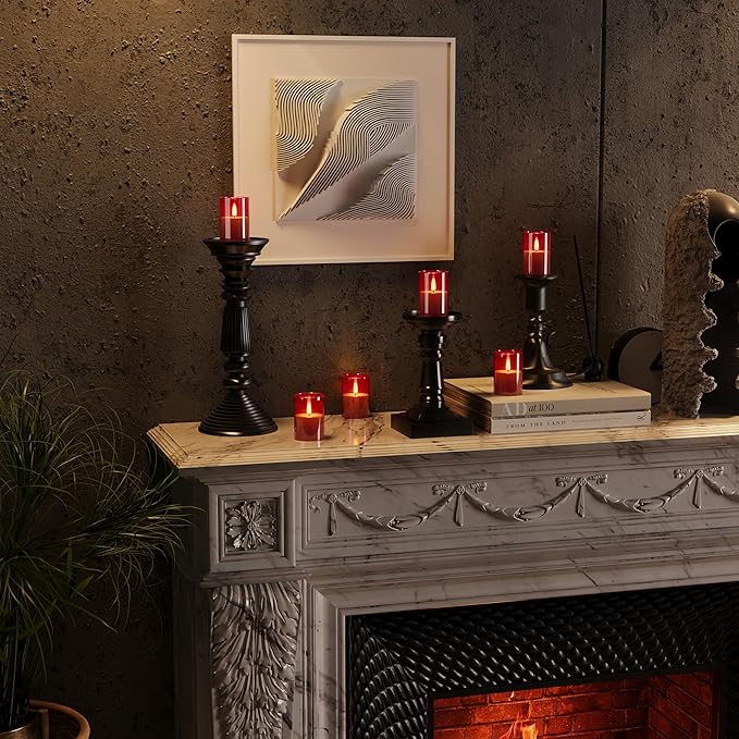 12Pack Flickering Flameless LED Candles with Timer, Battery Powered - Small Pillar & Votive, Red (2"X3")