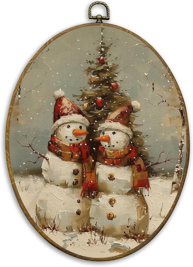 CUANFDDSF Vintage Christmas Snowman Oval Wall Art Decor, Farmhouse Rustic Winter Xmas Snowman Wall Hanging Decor, Retro Christmas Framed Canvas Prints for Home Bedroom Living Room, 8.6x11.4 Inch