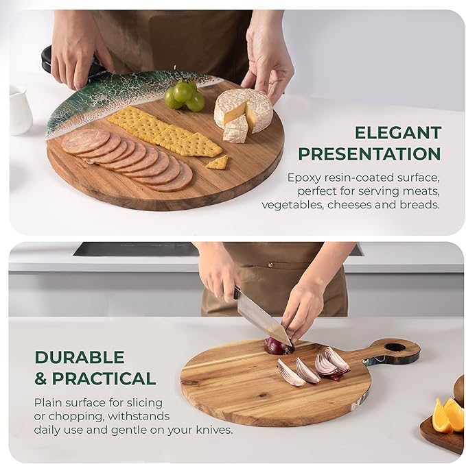 Acacia Wood Cutting Board with Ocean Resin Art, 18.1โx12.9โ, Includes Stand & Loofah, Handcrafted Charcuterie Cheese Board & Serving Platter, Great for Dรฉcor, Housewarming, Weddings (Round)