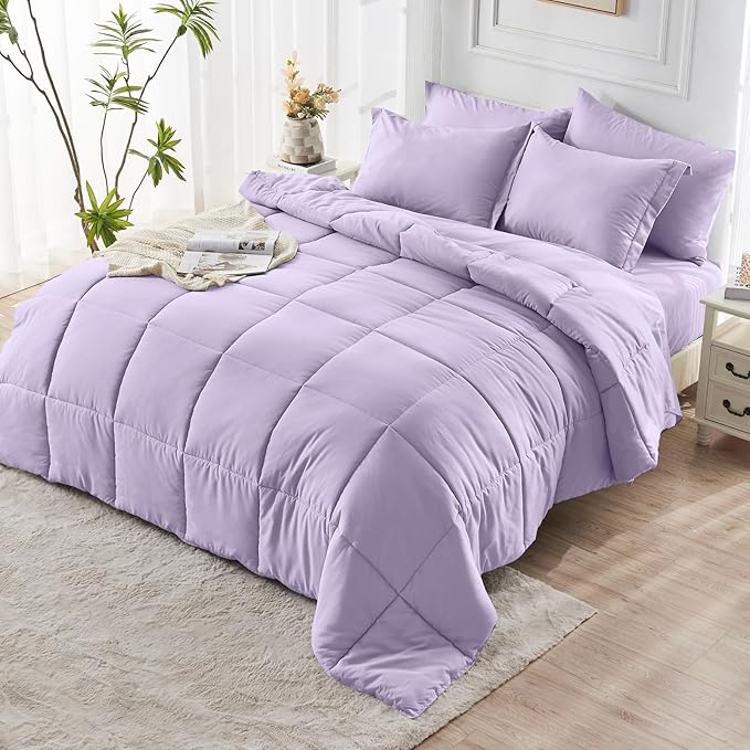 JOLLYVOGUE California King Comforter Set, Ultra-Soft Bed in a Bag Cal King Size 7 Pieces, Oeko-TEX Certified Bedding Set with Down Alternative Comforter, Sheets, Pillowcases & Shams, Lavender