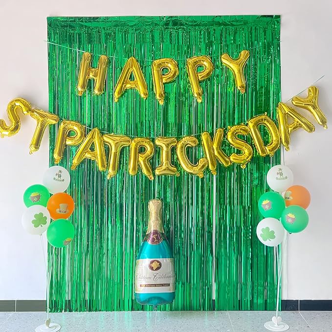 Melsan St Patricks Day Decorations, Tinsel Foil Fringe Curtains for St Patricks Day Decorations, Green Tinsel Fringe Curtain for Christmas, Birthday Jungle Theme Party Decor, Pack of 2