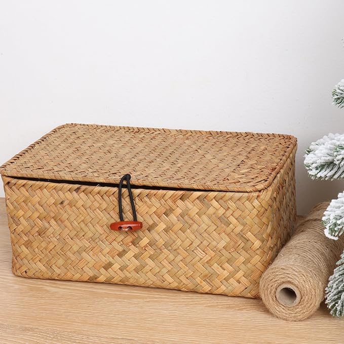 Wicker Shelf Baskets with Lid,Handwoven Seagrass Basket for Storage Basket Bins Rectangular Home Organizer Gift Boxes (Natural Set of 2)