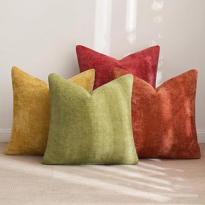 MIULEE Pack of 4 Fall Burnt Orange Couch Throw Pillow Covers 18x18 Inch Yellow Green Soft Decorative Chenille Pillows Farmhouse Accent Cushions for Boho Home Decor Spring Sofa Bedroom Living Room