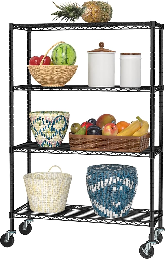 Wire Shelving on Wheels, 4-Tier Metal Rolling Storage Shelves Adjustable Steel Rack Organizer, Standing Wire Industrial Shelving for Kitchen Garage Pantry Office (4-Tier Shelf)