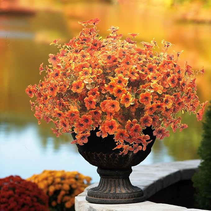 16 Bundles Artificial Fall Flowers for Outdoors Fake Plants UV Resistant Plastic Plants Shrubs Bushes for Home Fall Front Door Porch Garden Autumn Decor (Fall Red)