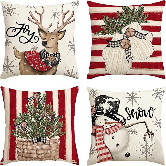 AVOIN colorlife Christmas Snowman Reindeer Gloves Eucalyptus Red Throw Pillow Covers, 16 x 16 Inch Winter Holiday Stripes Cushion Case Decoration for Sofa Couch Set of 4