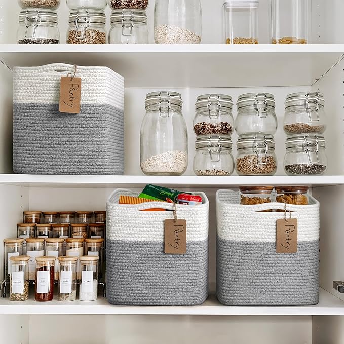 INDRESSME 11x11 Cube Storage Bins, 3-Pack Rope Woven Basket for Organizing Cube Toy Baskets Storage Kids, Square Baskets for Cloth Towel, Book Basket, Bathroom, White & Grey