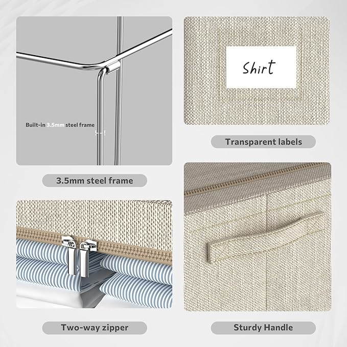 3Pack Foldable Storage Bins - Frame Storage Box Linen Fabric Stackable Clothes Container Organizer with Clear Window & Carry Handles Large Capacity (Large-66L, Beige)