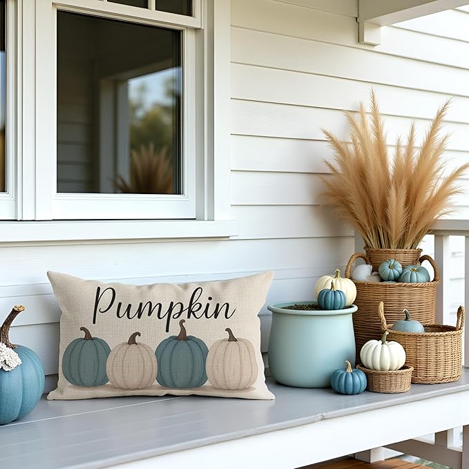 PANDICORN Fall Throw Pillow Covers 12x20, Dusty Blue Pumpkin Decorations for Home Decor, Outdoor Thanksgiving Autumn Lumbar Decorative Cushion Case for Living Room Bedroom Sofa Couch Porch
