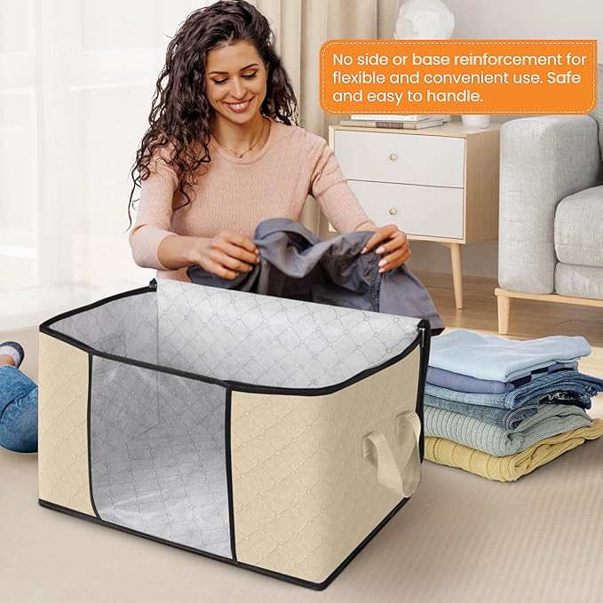 Fab totes 10 Pack Clothes Storage, Foldable Thick Fabric Blanket Storage Bags, Containers for Organizing Bedroom, Closet, Clothing, Comforter,Organization with Handle,Beige