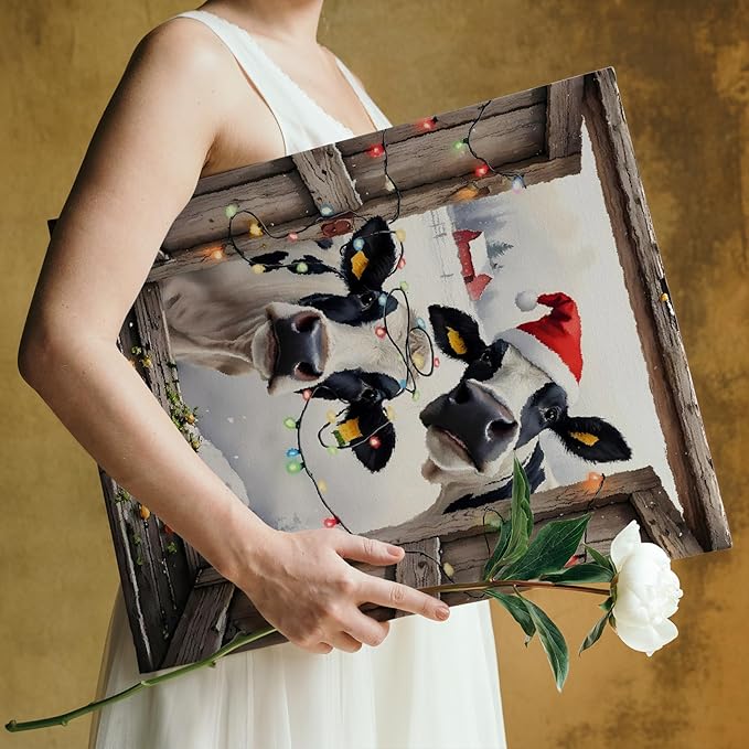 FITIE Funny Christmas Cow Canvas Wall Art Poster, Farmhouse Christmas Decor, Rustic Country Holiday Winter Farm Animal Framed Artwork Prints Wall Decor for Home Bedroom Living Room, 11x14 Inch