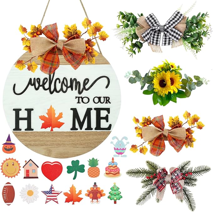 Interchangeable Welcome Sign for Front Door with 4 Seasonal Wreaths and 14 Changeable Icons, Farmhouse Front Porch Décor, Front Door Decoration, Seasonal Rustic Wooden Wall Sign home décor (7wood)