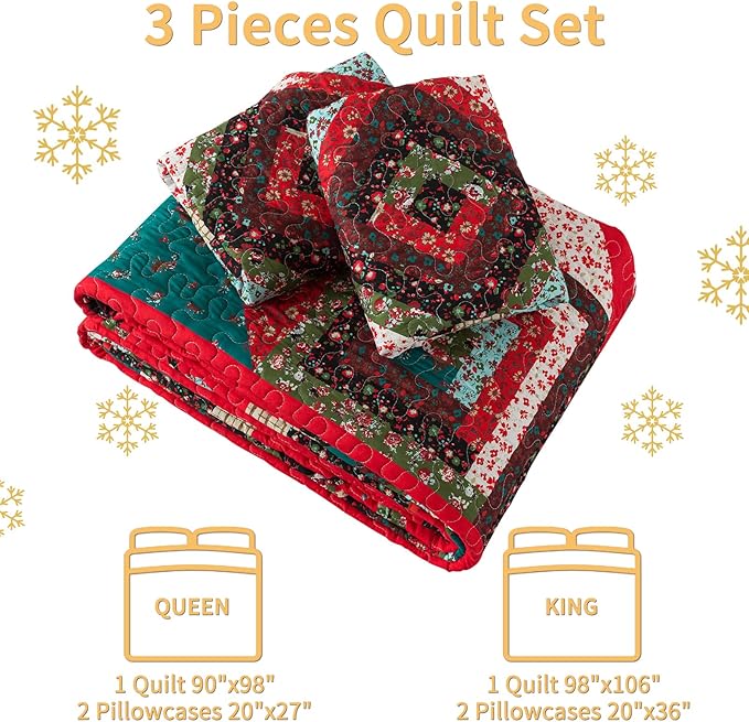 VAPUTAR King Quilt Bedding Set, Cotton Christmas Quilt Bedding Set Lightweight Coverlet with 2 Shams(98"X106"), King Quilts Set for All Season, Farmhouse Style Bedspread
