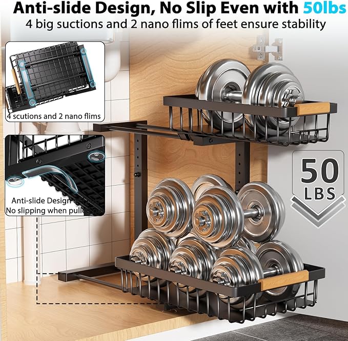 Under Sink Organizer Storage 2 Pack, 2 Tier Slide Out Height Adjustable Pull Out Cabinet Organizer Drawer for Kitchen Bathroom Large Under Sink Shelf Rack Caddy for Pantry, Black
