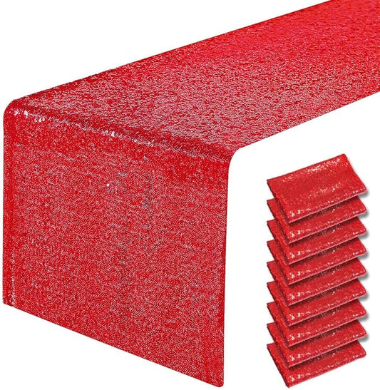 10 Packs 12 x 108 inches Red Sequin Table Runner, Glitter Red Table Runner for Wedding Birthday Bachelorette Holiday Party Supplies Decorations Bridal Shower Baby Shower