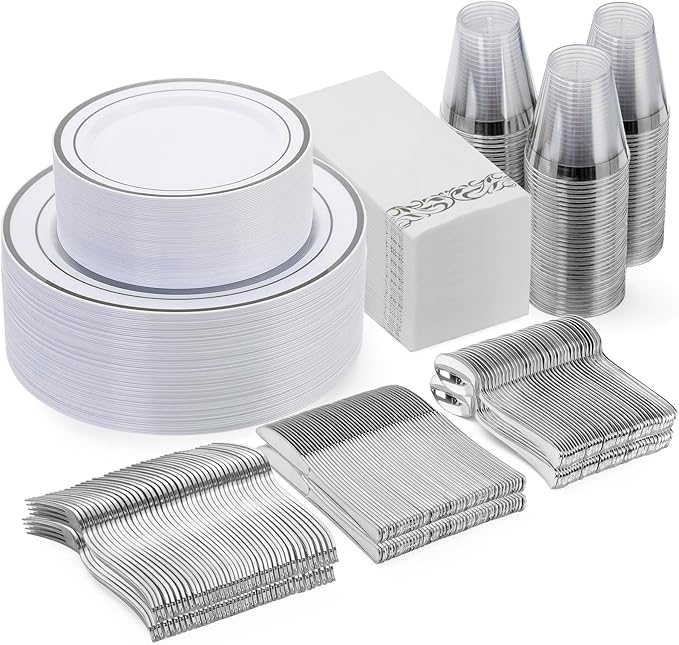 Goodluck 350 Piece Silver Dinnerware Set for 50 Guests, disposable Plastic Plates for Party, Include: 50 Dinner Plates, 50 Dessert Plates, 50 Paper Napkins, 50 Cups, 50 Silverware set