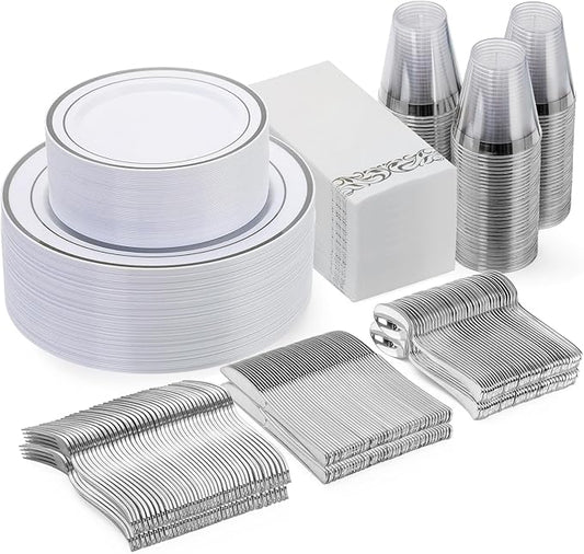 Goodluck 350 Piece Silver Dinnerware Set for 50 Guests, disposable Plastic Plates for Party, Include: 50 Dinner Plates, 50 Dessert Plates, 50 Paper Napkins, 50 Cups, 50 Silverware set