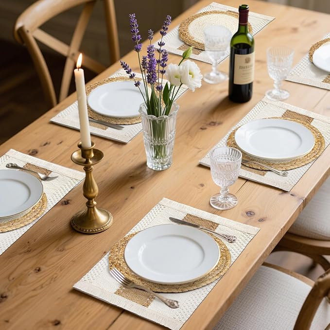 Handmade Boho Placemats Set of 6 - Natural Cotton Burlap and Water Straw Woven Combination Table Mats, Macrame Décor and Farmhouse Style Placemats, for Dining Table Kitchen (Natural, 6PC)