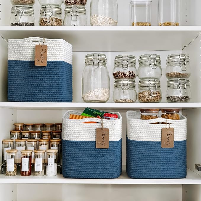 INDRESSME 11x11 Cube Storage Bins, 3-Pack Woven Baskets for Shelves Kids Toy Bins Bathroom and Playroom Basket Organizer, Nursery Laundry Basket, White & Blue