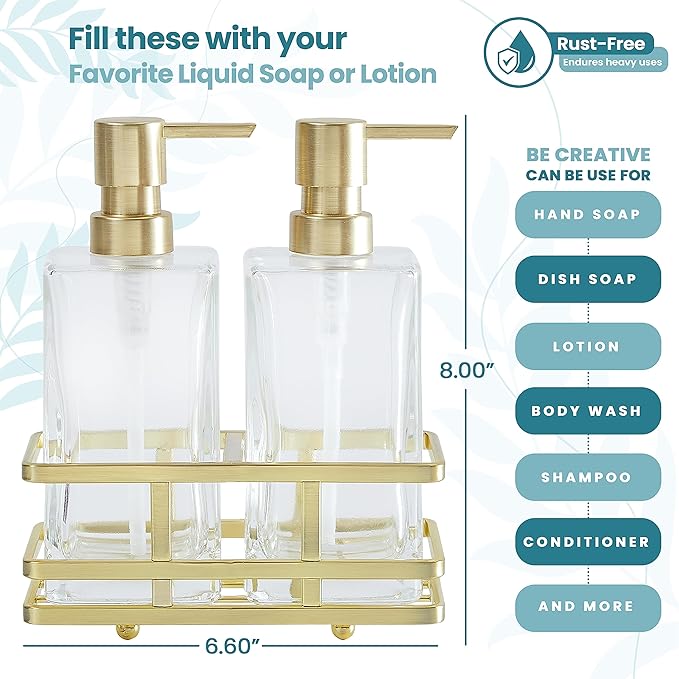 Square Glass Clear Lotion and Soap Pump Dispenser Set with Metal Stand Caddy for Bathroom Bath Kitchen Home Office Travel Hotel Hand Crafted Heavy Weight Brushed Gold