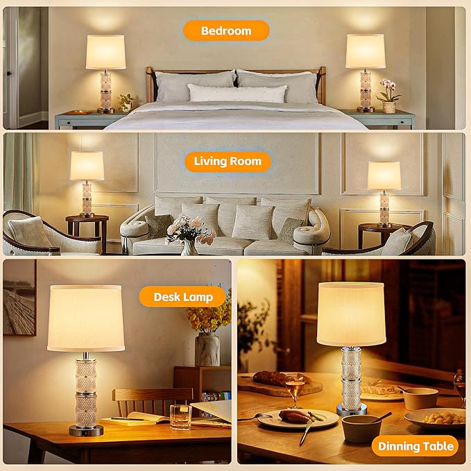 GRUENLICH Crystal Bedside Lamps Set of 2, Chrome Nightstand Bedroom Light with Touch Control, 3-Way Dimmable Table Lamps, USB C+A Charging Ports for Living Room and End Tables