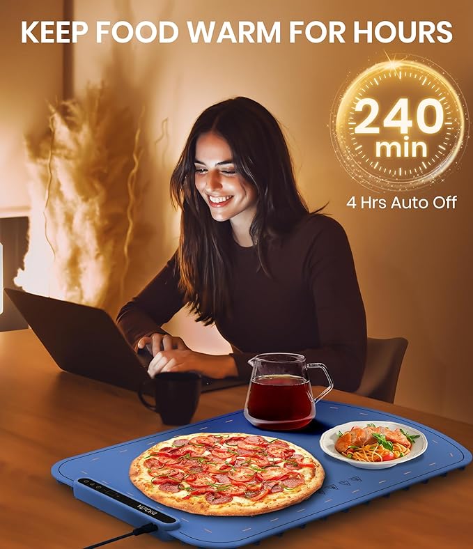 Warming Mat for Food, VEPOKA Food Warmer Mat for Countertop, Electric Warming Tray with 7 Temp Levels & Auto Shut-Off, Food Warmers for Parties, Ideal Gift for Kitchen & Buffet Use