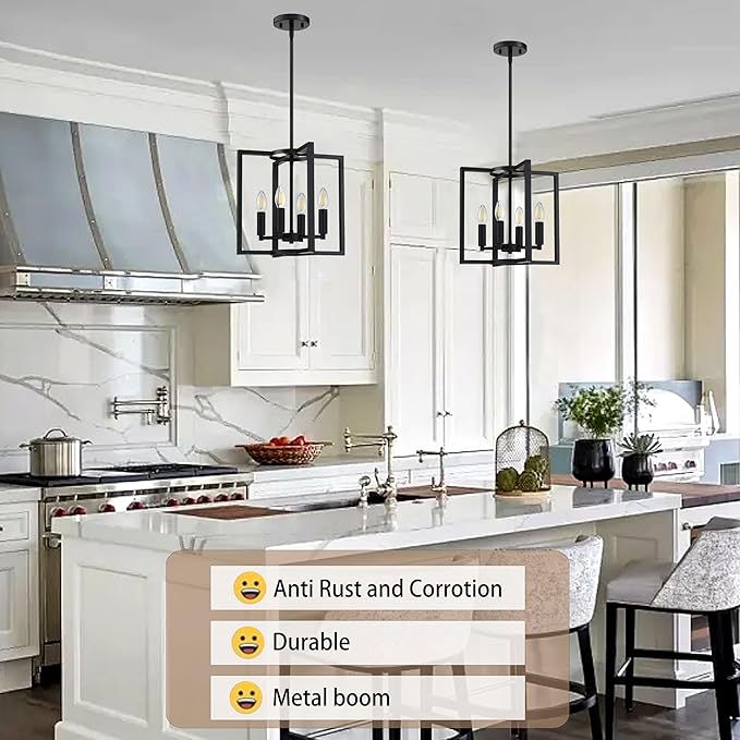 Leading Lighting 4 Light Rustic Kitchen Island Farmhouse Hanging Chandelier Light Fixture,with Black Finish Metal Frame for Entryway Dinning Room Bedroom