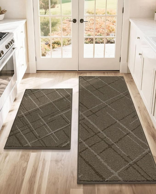 COSY HOMEER Kitchen Mats, 2 PCS Kitchen Rug Non Slip Washable, Absorbent Runner Rugs for Kitchen Floor, Polyester Kitchen Sink Rug 24"x36" + 24"x60"(Brown)
