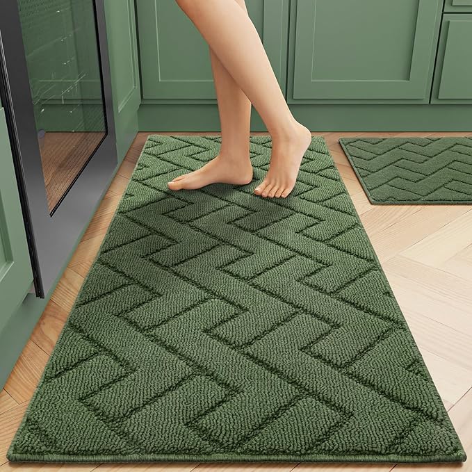 hicorfe Kitchen Rugs and Mats Sets,2 Pieces Super Absorbent Polypropylene Non-Slip Rug,Soft Comfort Floor Mat,Washable for Kitchen,Hallway,Office,Sink,Laundry(20" x 31.5" Plus 20" x 48",Green)