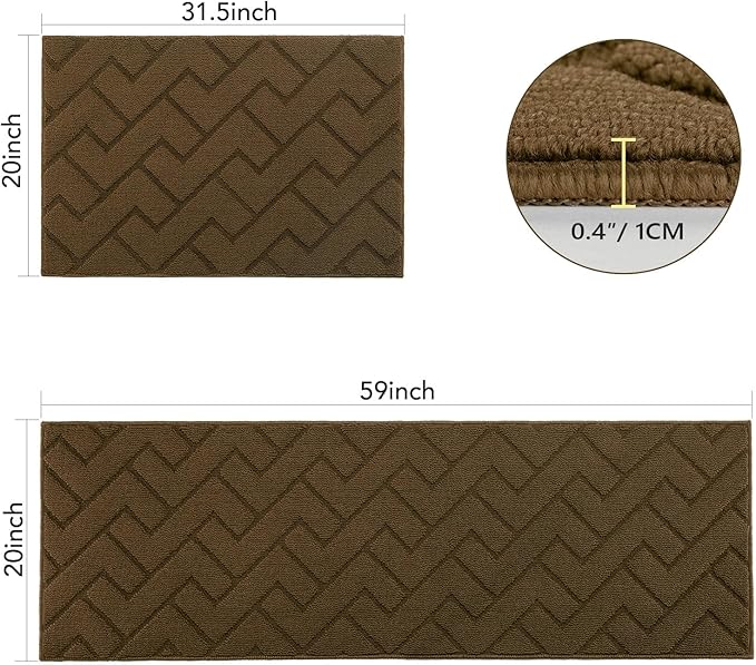 Kitchen Rugs and Mats Sets,2 Pieces Polypropylene Non-Slip Super Absorbent Rug,Soft Comfort Floor Mat,Machine Wash for Kitchen,Hallway,Office,Sink,Laundry(20" x 31.5" Plus 20" x 59",Dark Brown)