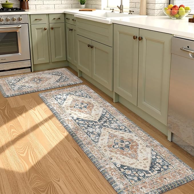 KIMODE Anti Fatigue Kitchen Mats for Floor, Boho Kitchen Rugs Sets of 2, Non Slip Waterproof Kitchen Floor Mat, Ergonomic Cushioned Standing Mat for Sink Laundry Desk Blue Glod 20"x59"+20"x32"
