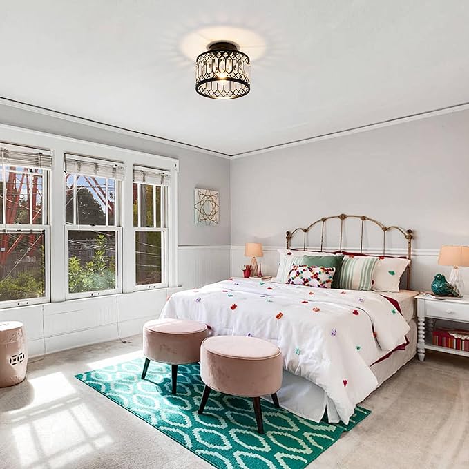 Crystal Ceiling Light Fixture, Modern Semi Flush Mount Ceiling Light,Crystal Chandelier for Kitchen Bedroom Bathroom Entryway Black (Bulb not Included)