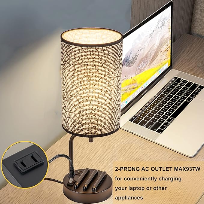 Dreamholder Touch Control USB Table Lamp, Upgraded 3-Way Dimmable Nightstand Desk Lamp with USB C & A Charging Ports and AC Outlet, Bedside Lamp for Bedroom Dimmable 9W LED Bulb Included