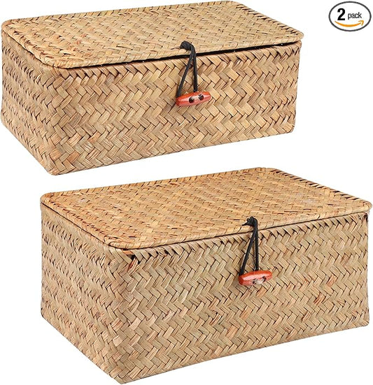 Wicker Shelf Baskets with Lid,Handwoven Seagrass Basket for Storage Basket Bins Rectangular Home Organizer Gift Boxes (Natural Set of 2)