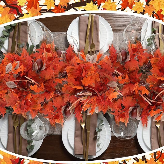 Zeyune 1 Pcs 6ft Long Fall Footballs Decor Artificial Garland Autumn Mixed Maple Leaves Garland Farmhouse Hanging Rustic Fall Wreath Decor for Front Door Kitchen Fireplace Home Indoor Outdoor