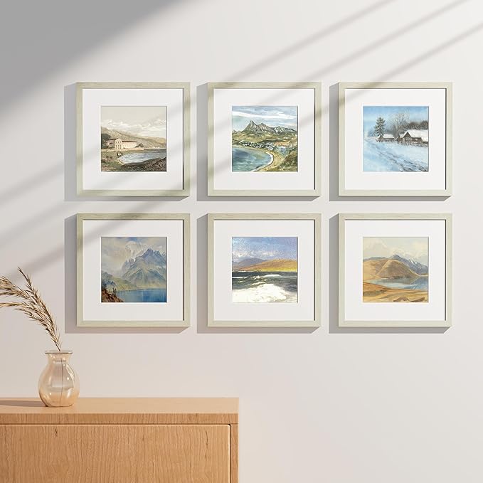 Vittanly 12x12 Picture Frames Set of 9, Shatter Resistant Plexiglass, Display 8x8 Pictures with Mat or 12x12 without Mat, Photo Frames for Wall Mount, Engineered Wood, Whitemist