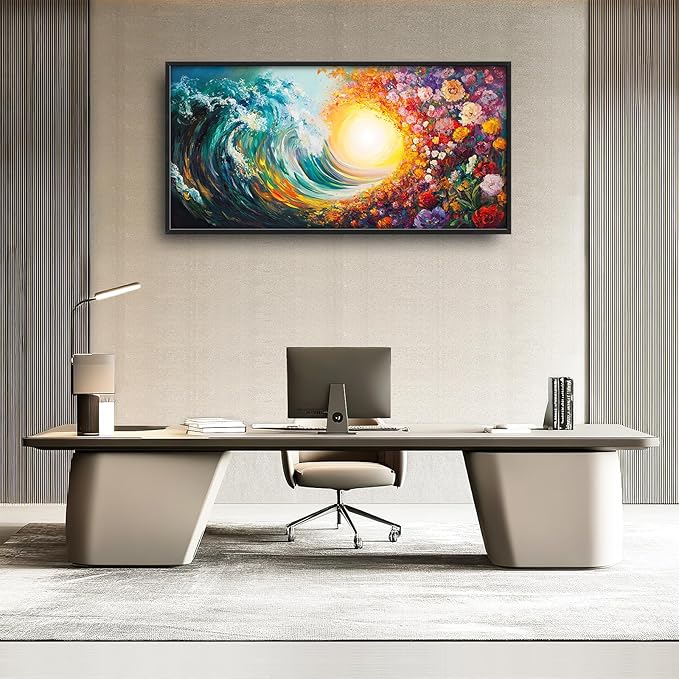 Ocean Framed Wall Art for Living Room, Large Waves with Flowers Canvas Wall Decor, Vintage Beach Pictures Painting, Modern Artwork for Bathroom Bedroom 60L'' × 30W''