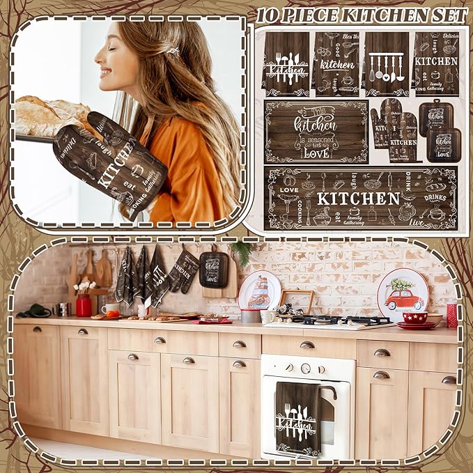 10 Pcs Farmhouse Kitchen Set, Kitchen Towels and Dishcloths Rugs Mats for Floor Oven Mitts and Pot Holders Sets Rustic Hand Towels for Home Decorations Gifts(Brown,Farmhouse)