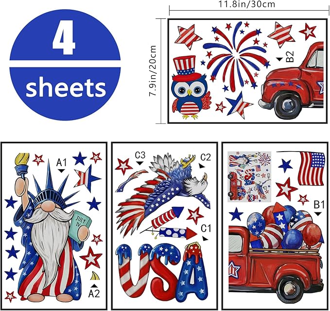 Yovkky 4th of July USA The Statue of Liberty Window Clings 4 Sheets, Patriotic America Red Truck Eagle Owl Stickers Decals Decor, American Fireworks Balloons Stars Stripes Home Kitchen Decorations