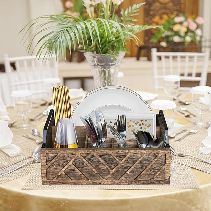 Flatware Organizers Paper Plate Dispenser with Handles, Paper Plate Holder for Kitchen Counter, Wood Rustic Silverware Utensil Caddy, Brown