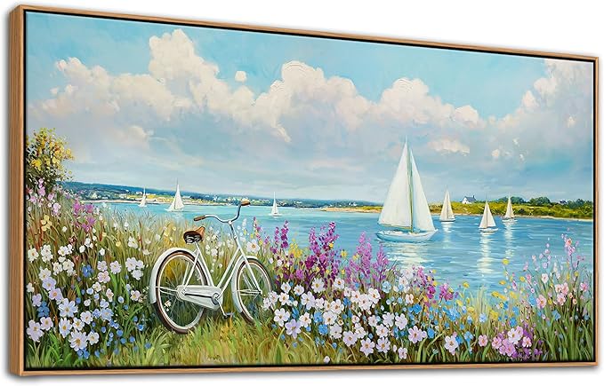 Coastal Wall Art Sailboat Beach Canvas Wall Decor Flower & Landscape Paintings Farmhouse Decor Blue Artwork for Living Room Bedroom Home Office Large Framed Ocean Pictures Wall Decor 29×58IN