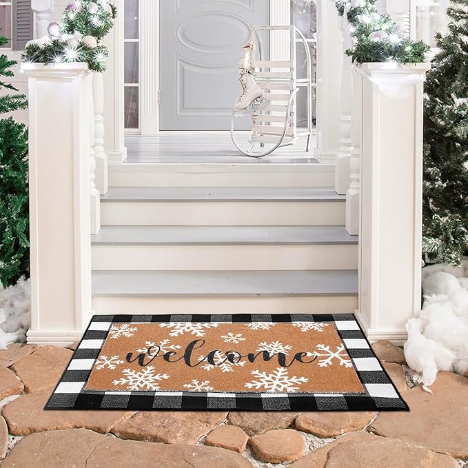 2 Pcs Christmas Welcome Door Mat Winter Snowflake Outdoor Welcome Mats for Front Door Non Slip Winter Coir Floor Mat Black White Check Christmas Rug for Outside Front Porch Entryway Decor