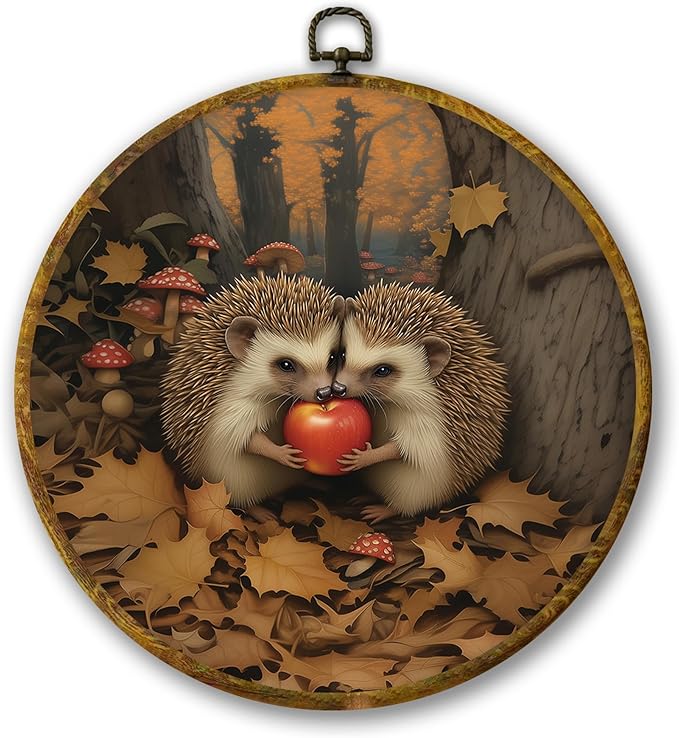 Mcehtle Vintage Fall Hedgehog Wall Art Decor,Rustic Autumn Cottagecore Forest Framed Canvas Prints 10x10, Animal Wildlife Maple Leaves Round Wall Hanging Artwork Decorations for Home Bedroom Gallery