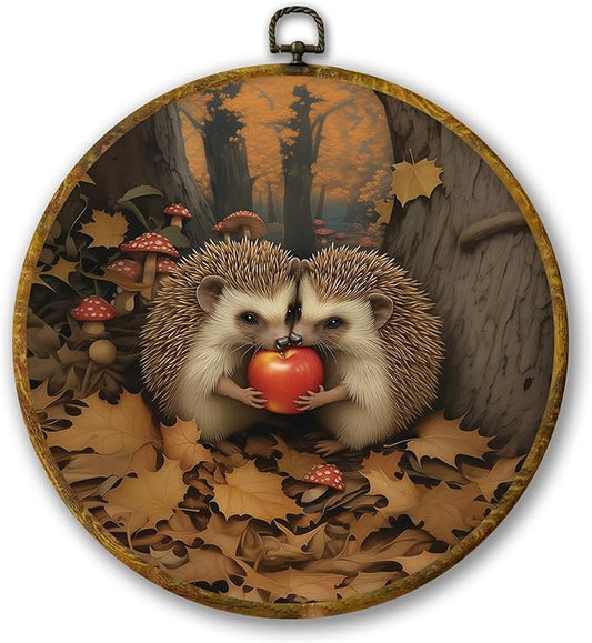 Mcehtle Vintage Fall Hedgehog Wall Art Decor,Rustic Autumn Cottagecore Forest Framed Canvas Prints 10x10, Animal Wildlife Maple Leaves Round Wall Hanging Artwork Decorations for Home Bedroom Gallery