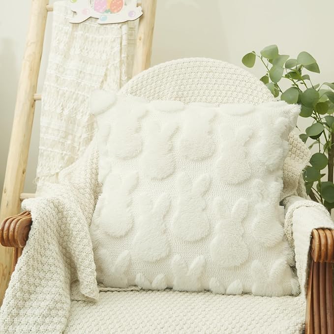 GEEORY Easter Bunny Soft Plush Pillow Covers, 18 x 18 Inch Set of 2, Fluffy Faux Fur Wool Decorative Farmhouse Cushion Case for Sofa Home Decoration Cream GC013-18