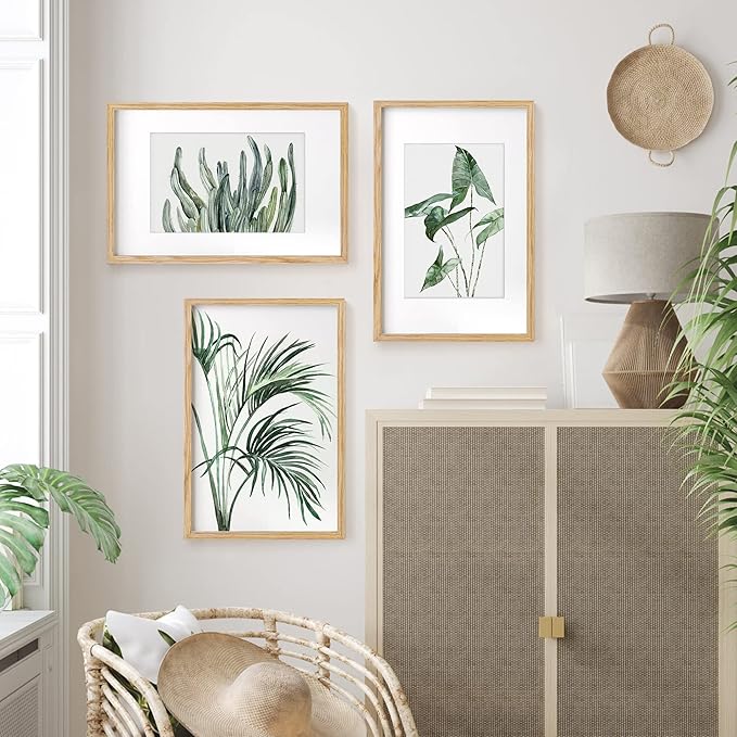 11x17 Picture Frame Set of 3, Solid Oak Wood Photo Frame 11"x17", 11 by 17 Poster Frames for Wall, 11 x 17 Frame with Mat for 8 x 12, Tempered Real Glass, 11x17 Inch Wood Frame (Oak Color, 3 Pack)