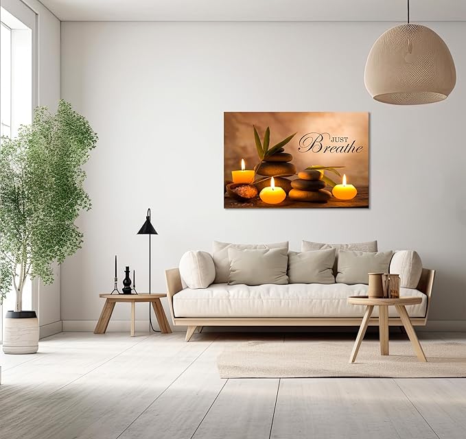 YIOZHAOFH Zen Wall Decor Just Breathe Motivational Bathroom Wall Art Yoga Room Poster for Women Spa Picture Painting Spiritual Artwork Framed for Living Room Ready to Hang (12L x 16W)